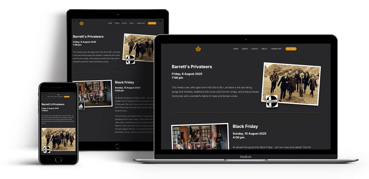 Music events at The Royal on phone, tablet and laptop